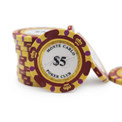 Monte Carlo 14 Gram Poker Chips - $5 Sold by the Roll 25 pcs per Roll, montecarlord5